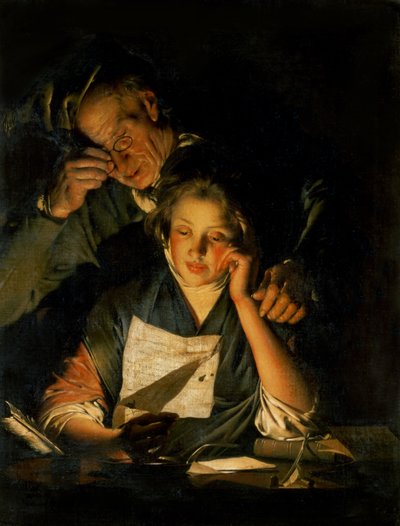 A Girl Reading a Letter, with an Old Man Reading Over Her Shoulder by Joseph Wright of Derby